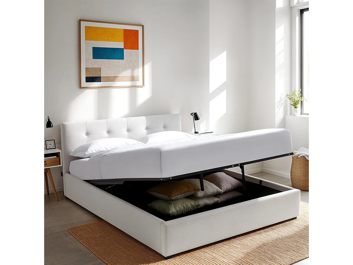 Lit coffre adulte 140x190 cm avec tête de lit matelassée en tissu beige et sommier - Tina