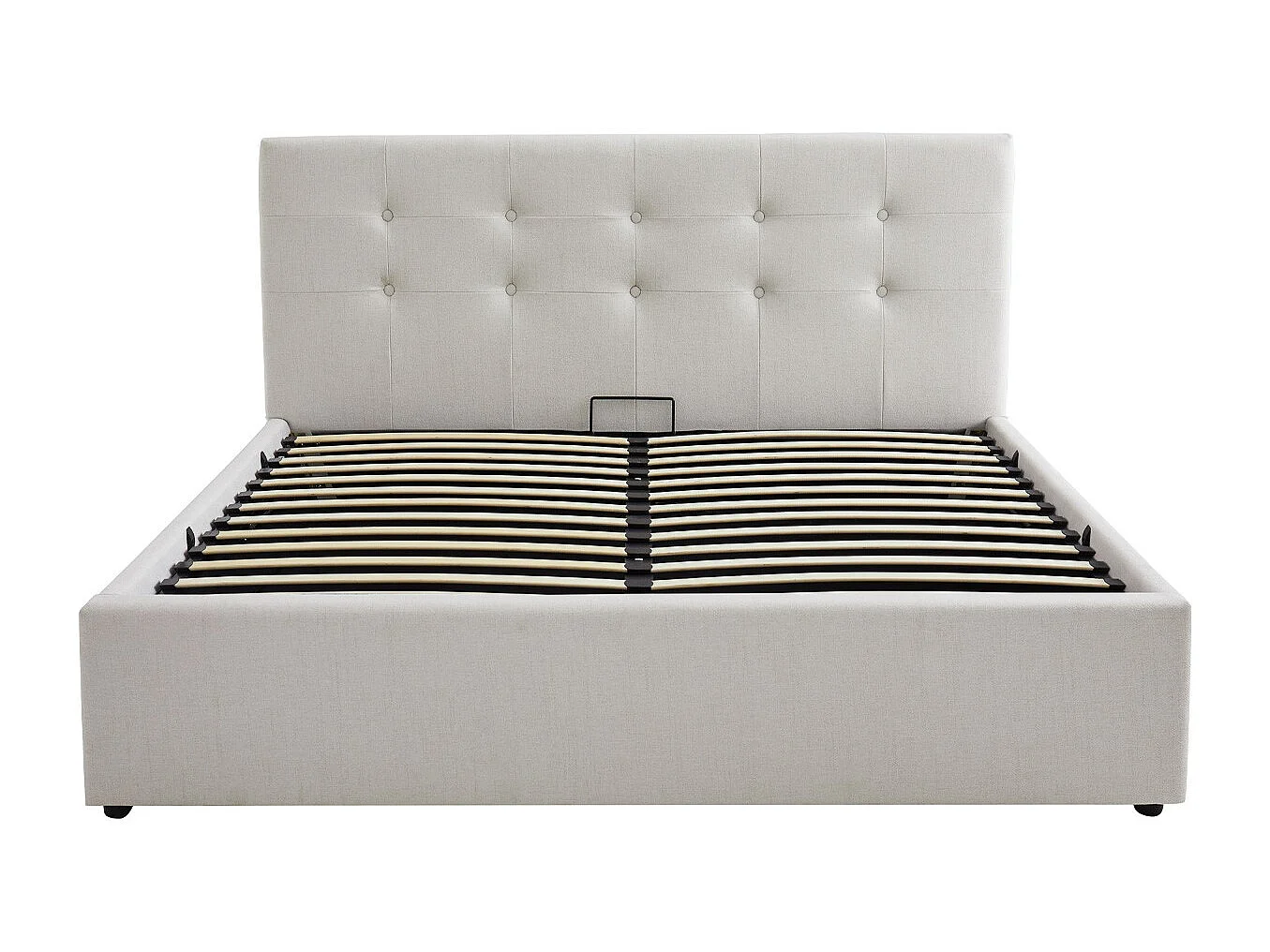 Lit coffre adulte 140x190 cm avec tête de lit matelassée en tissu beige et sommier - Tina