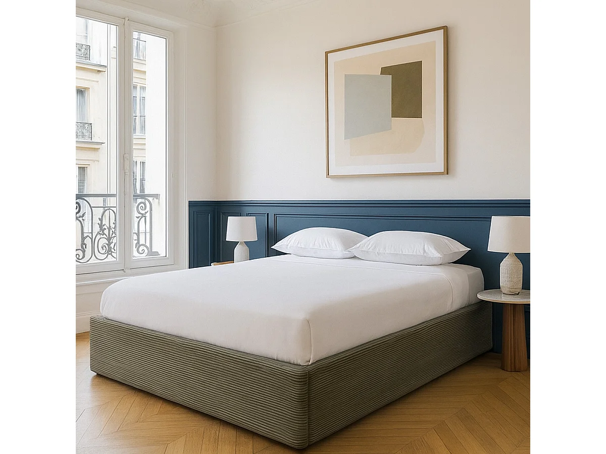 Lit coffre adulte 180x200 cm en velours côtelé vert avec sommier - Handy