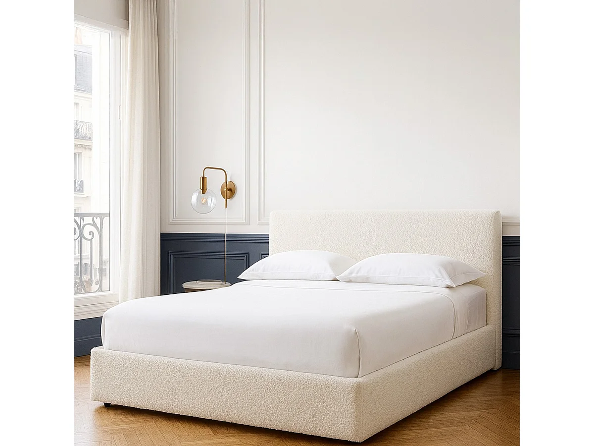 Lit coffre adulte 140x190 cm avec tête de lit matelassée en tissu bouclé beige et sommier - Tina