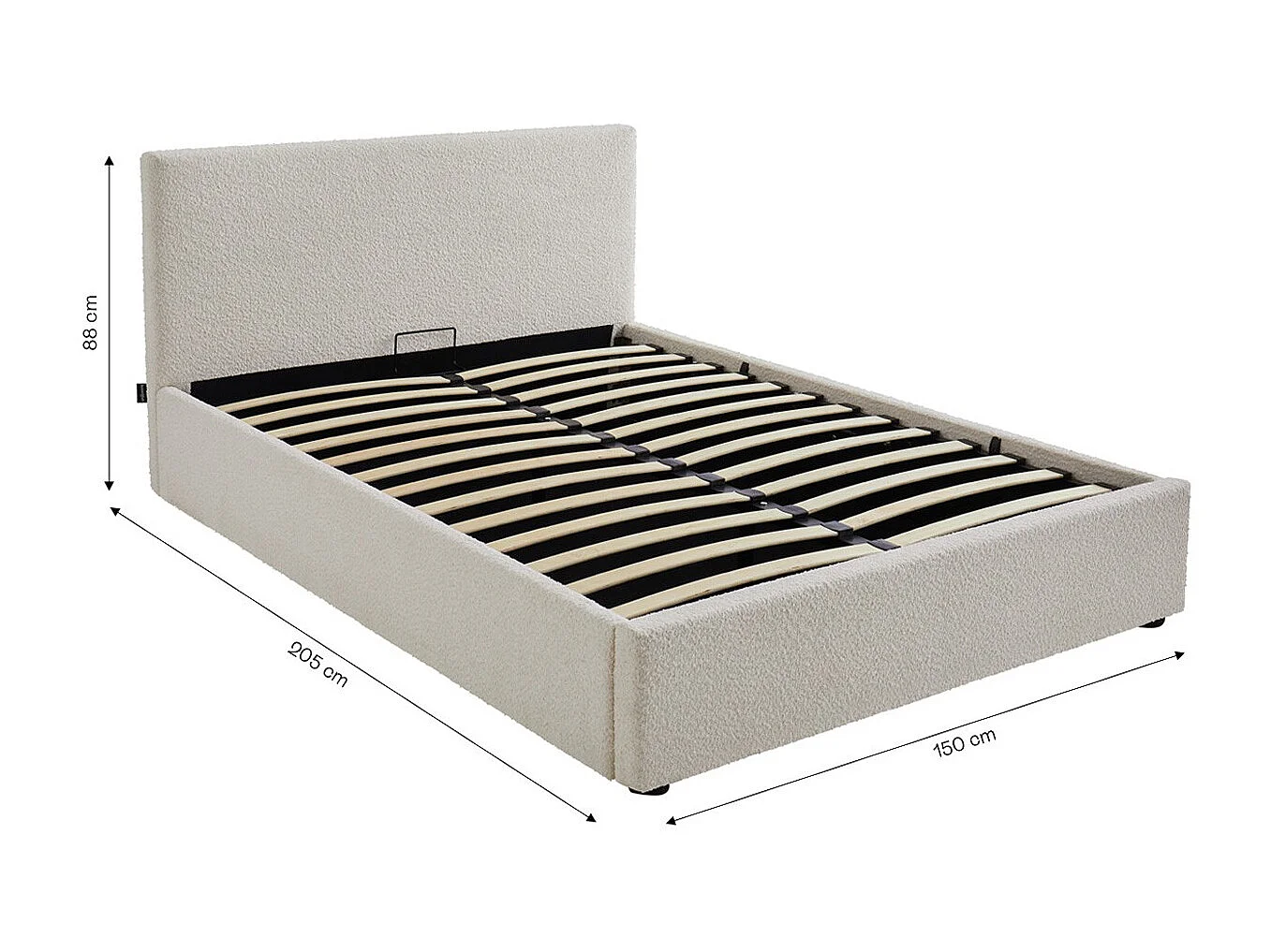 Lit coffre adulte 140x190 cm avec tête de lit matelassée en tissu bouclé beige et sommier - Tina