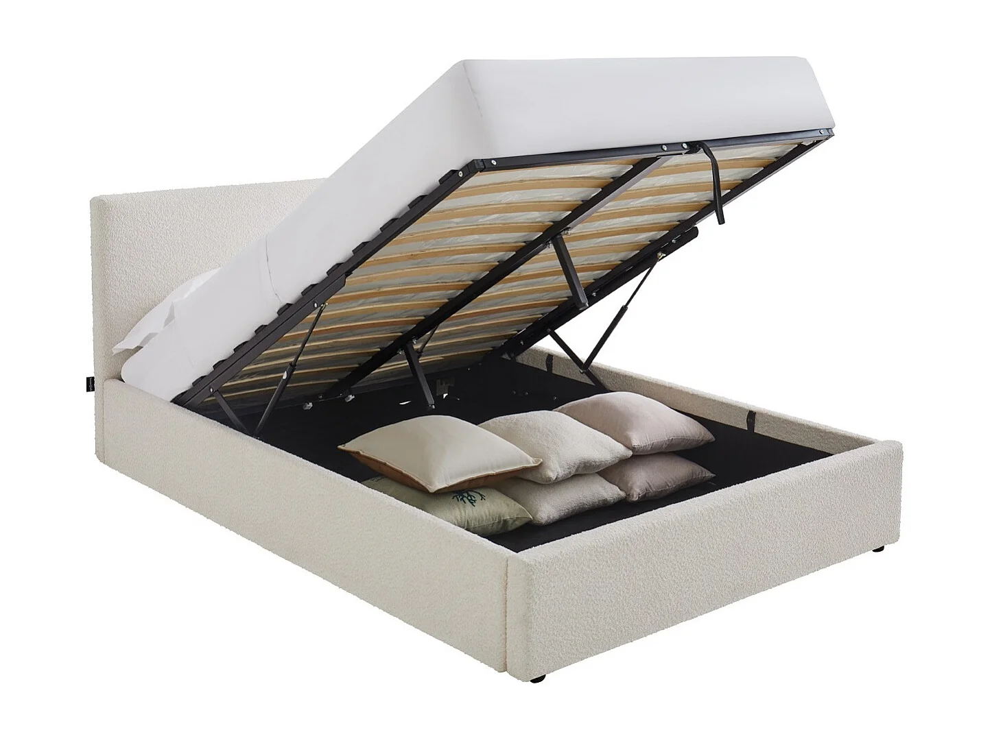 Lit coffre adulte 140x190 cm avec tête de lit matelassée en tissu bouclé beige et sommier - Tina