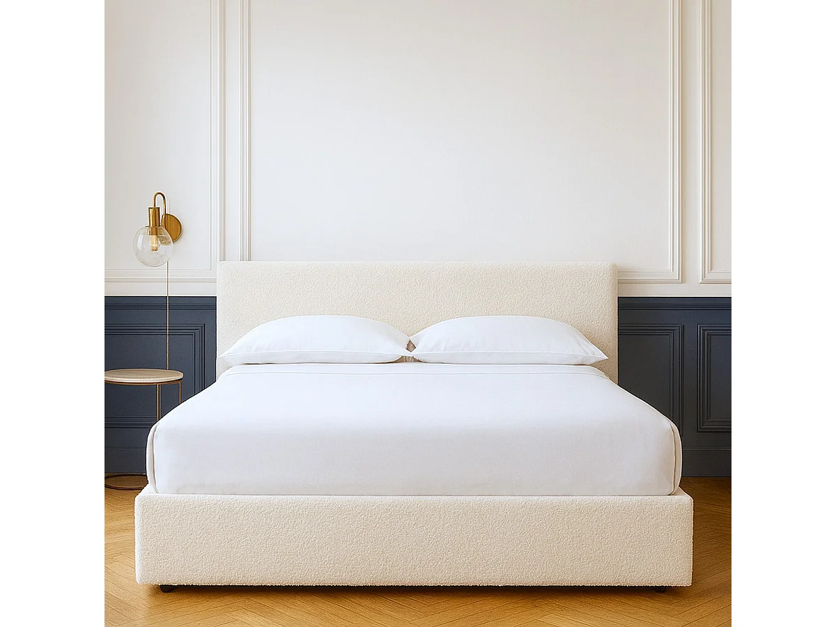 Lit coffre adulte 140x190 cm avec tête de lit matelassée en tissu bouclé beige et sommier - Tina