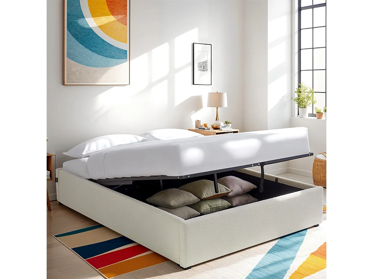 Lit coffre adulte 160x200 cm en tissu bouclé beige avec sommier - Handy