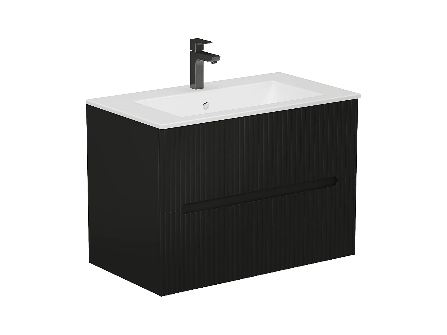 Hangmeubel voor badkamer met inbouwwastafel - Zwart geribbeld - 80 cm - PAVANI