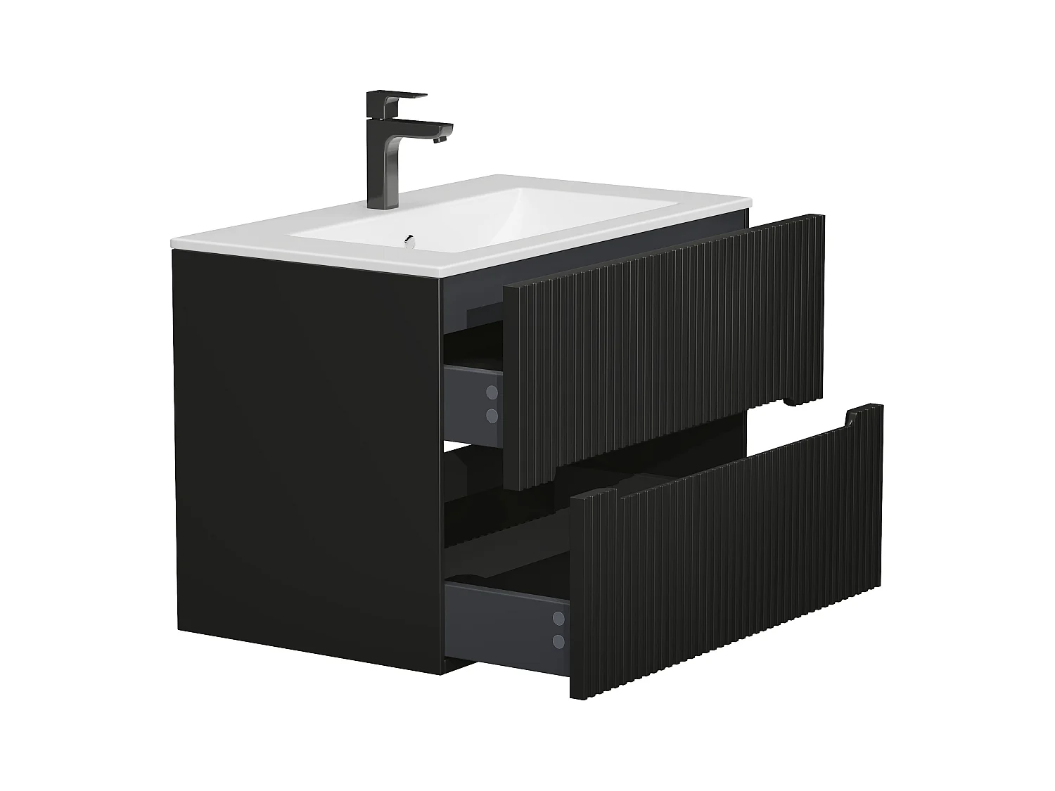 Hangmeubel voor badkamer met inbouwwastafel - Zwart geribbeld - 80 cm - PAVANI