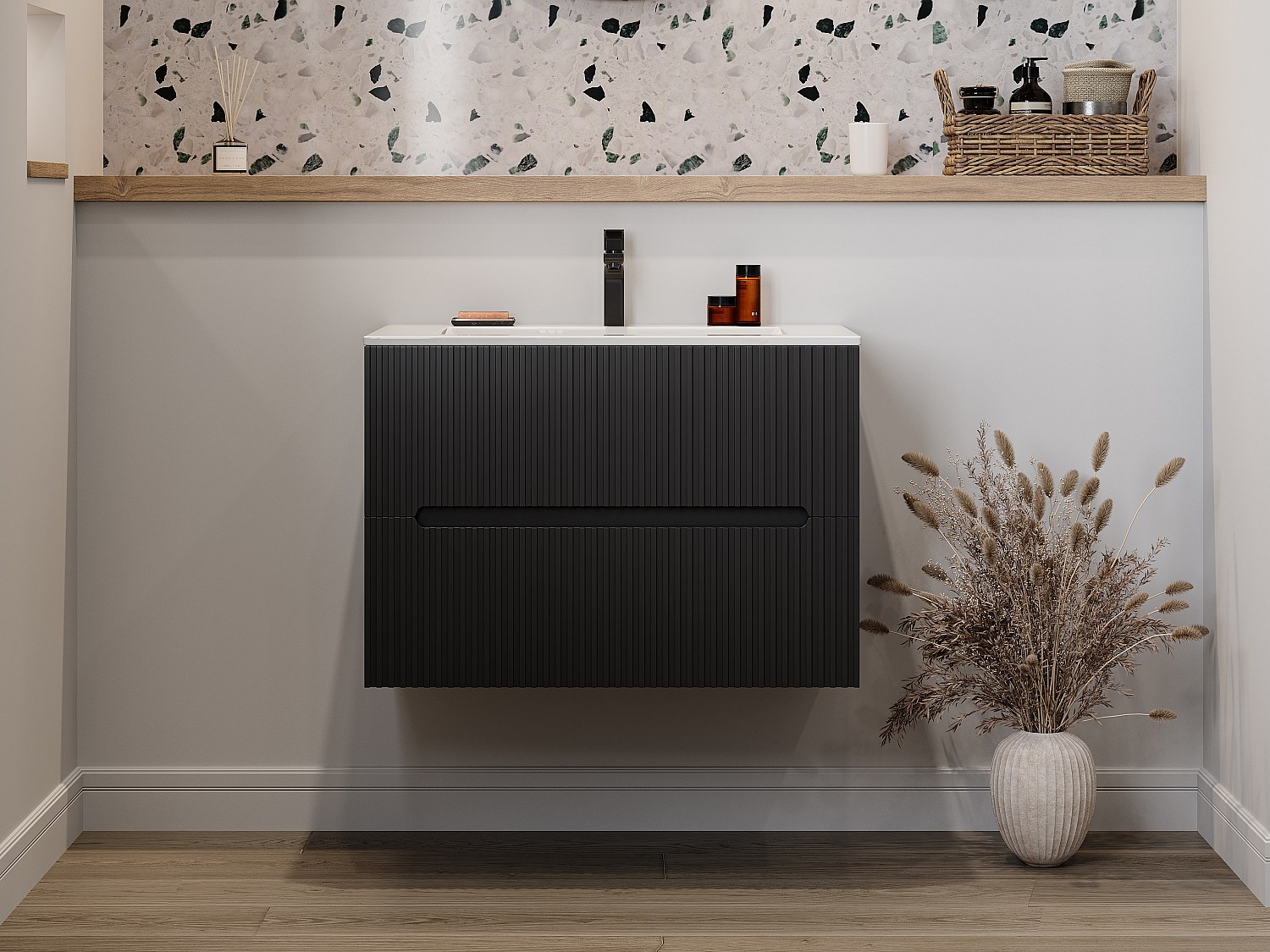 Waschbeckenunterschrank hängend mit Einbauwaschbecken - 80 cm - Schwarz ger günstig online kaufen