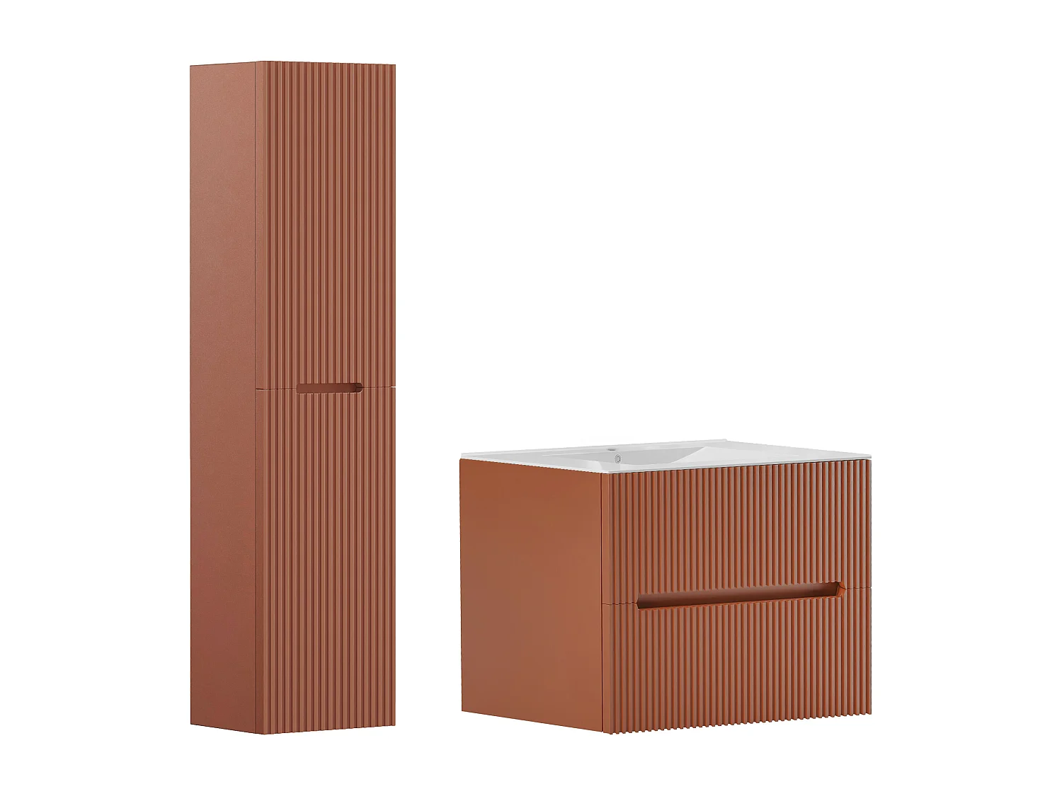 Meuble de salle de bain suspendu avec vasque à encastrer et colonne - Strié terracotta - 80 cm - PAVANI