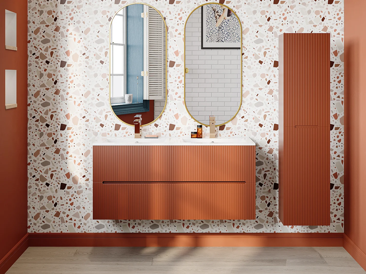 Meuble de salle de bain suspendu avec vasque à encastrer et colonne - Strié terracotta - 120 cm - PAVANI