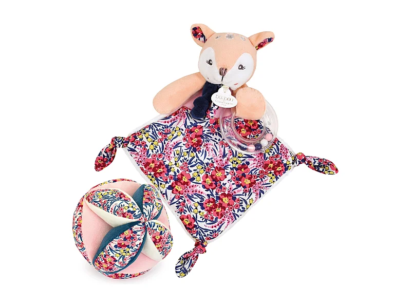 Duo balle + doudou hochet polyester DUO BOH'AIME faon rose 2 pièces