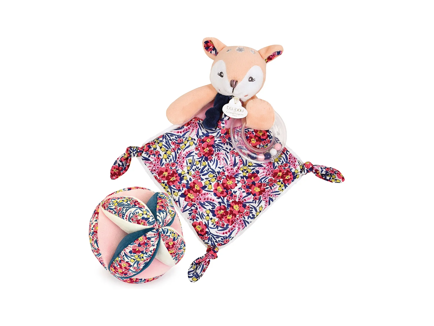 Duo balle + doudou hochet polyester DUO BOH'AIME faon rose 2 pièces