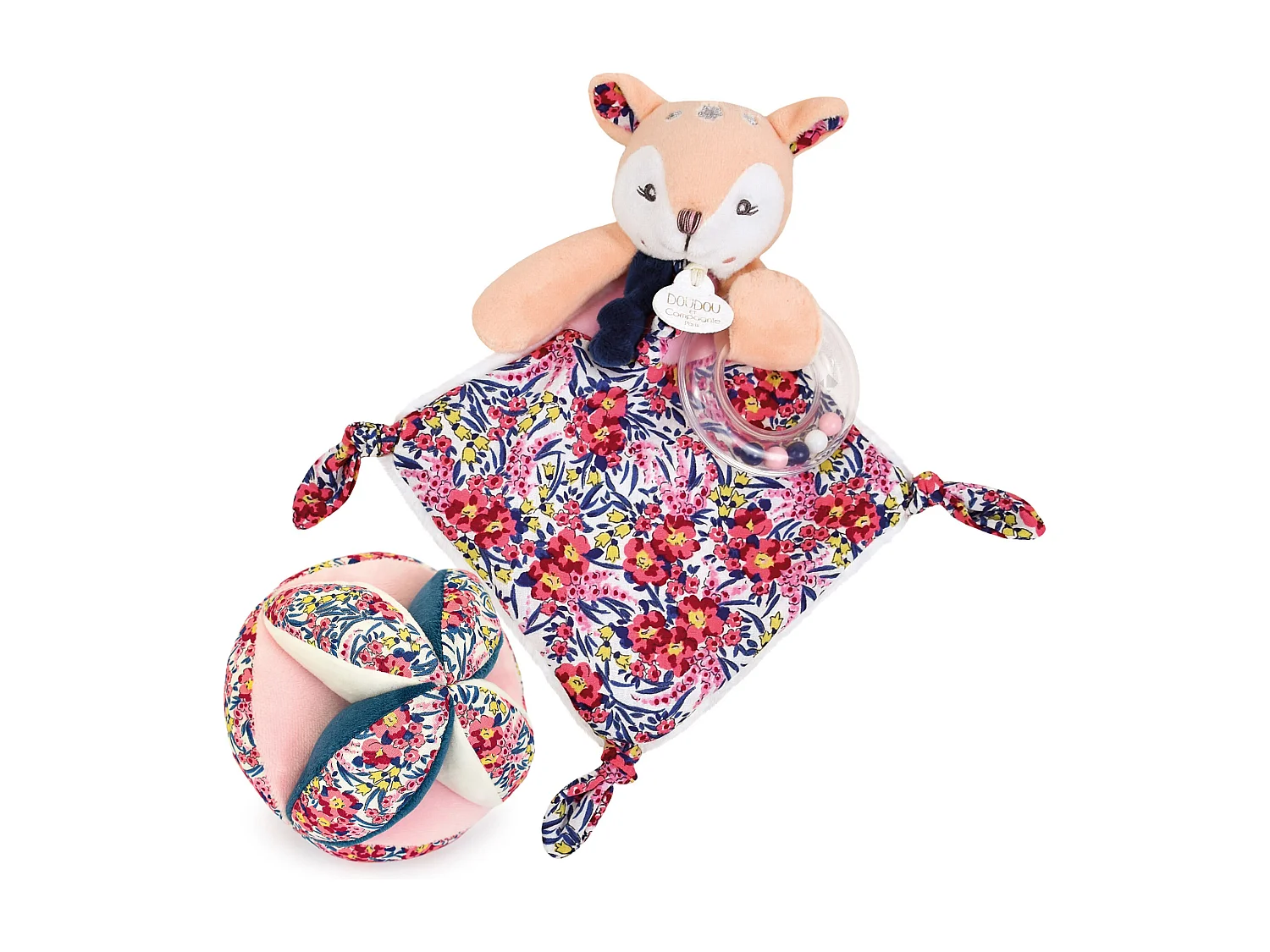 Duo balle + doudou hochet polyester DUO BOH'AIME faon rose 2 pièces