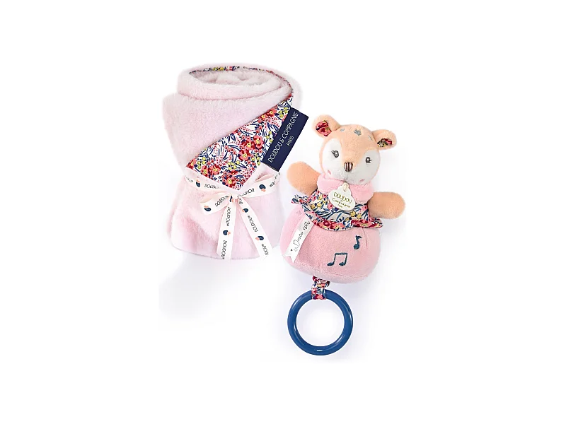 Duo plaid + doudou musique polyester DUO BOH'AIME faon rose 2 pièces