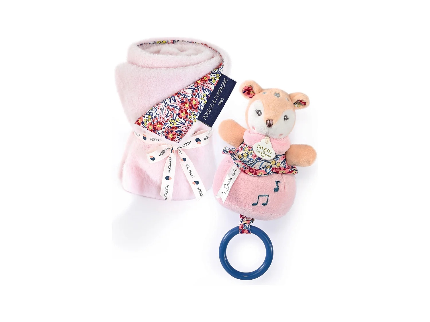 Duo plaid + doudou musique polyester DUO BOH'AIME faon rose 2 pièces