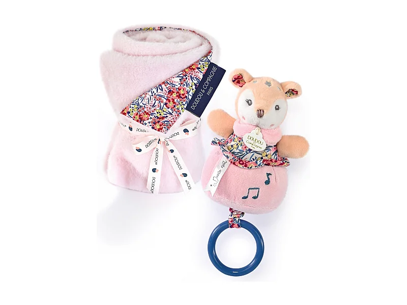 Duo plaid + doudou musique polyester DUO BOH'AIME faon rose 2 pièces