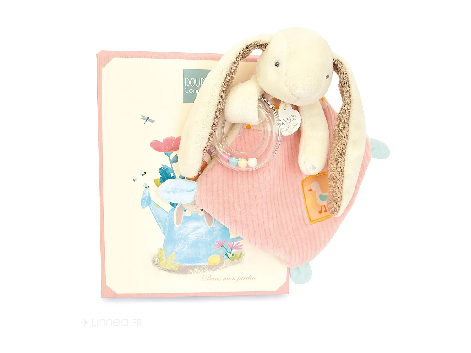 Doudou hochet lapin Ciboulette 21 cm polyester collection DANS MON JARDIN rose
