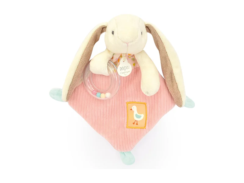 Doudou hochet lapin Ciboulette 21 cm polyester collection DANS MON JARDIN rose