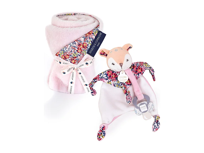 Duo plaid + doudou sucette polyester DUO BOH'AIME faon rose 2 pièces