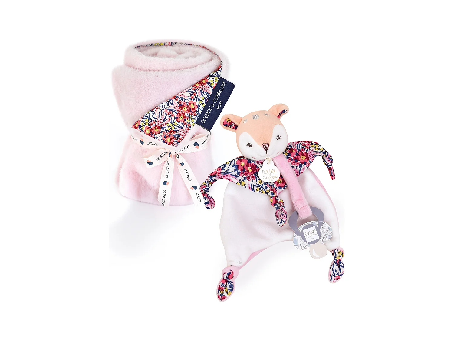 Duo plaid + doudou sucette polyester DUO BOH'AIME faon rose 2 pièces