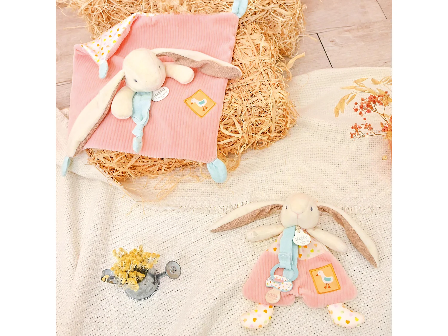 Doudou attache-sucette lapin Ciboulette 19 cm polyester collection DANS MON JARDIN rose