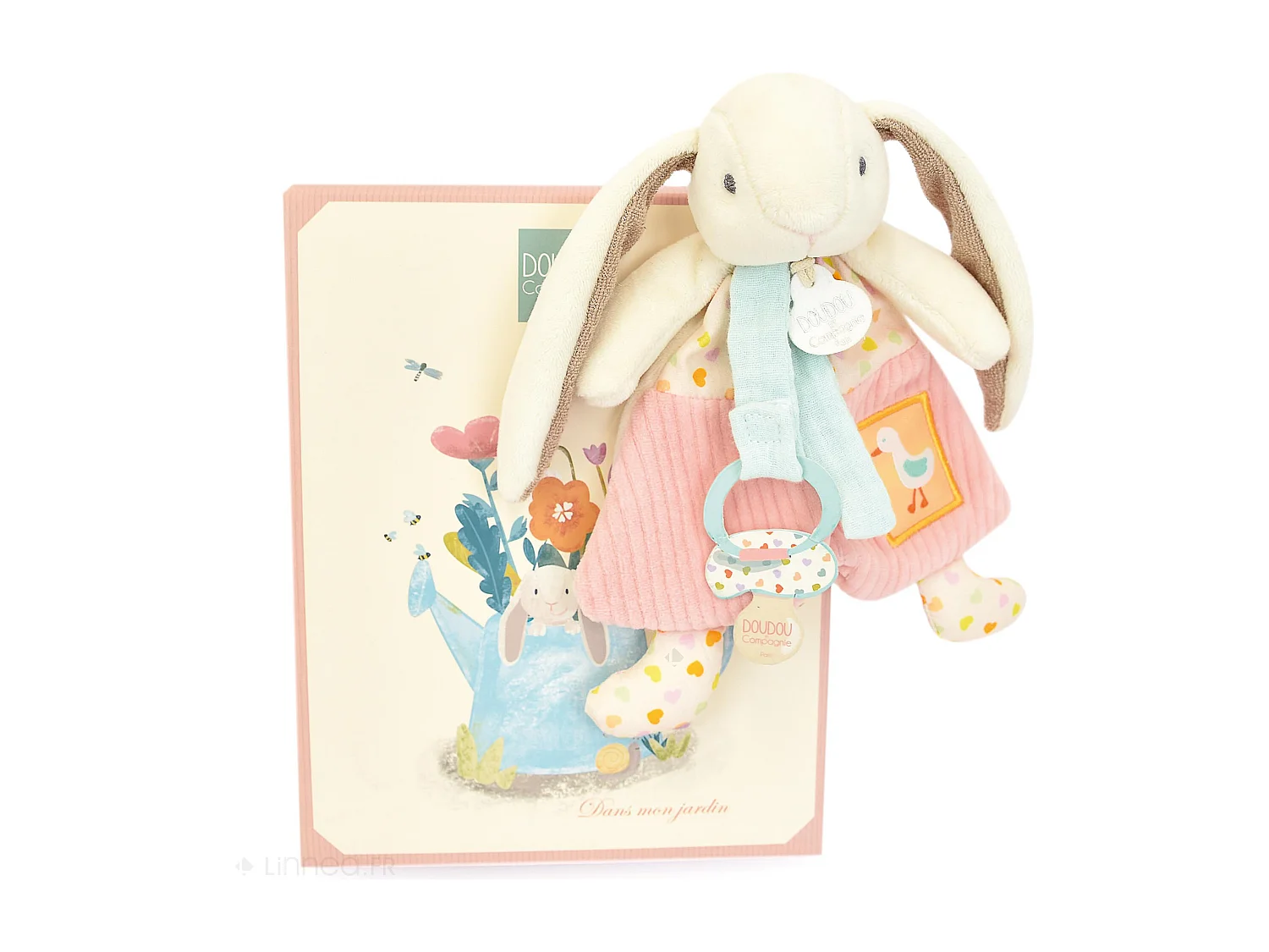 Doudou attache-sucette lapin Ciboulette 19 cm polyester collection DANS MON JARDIN rose