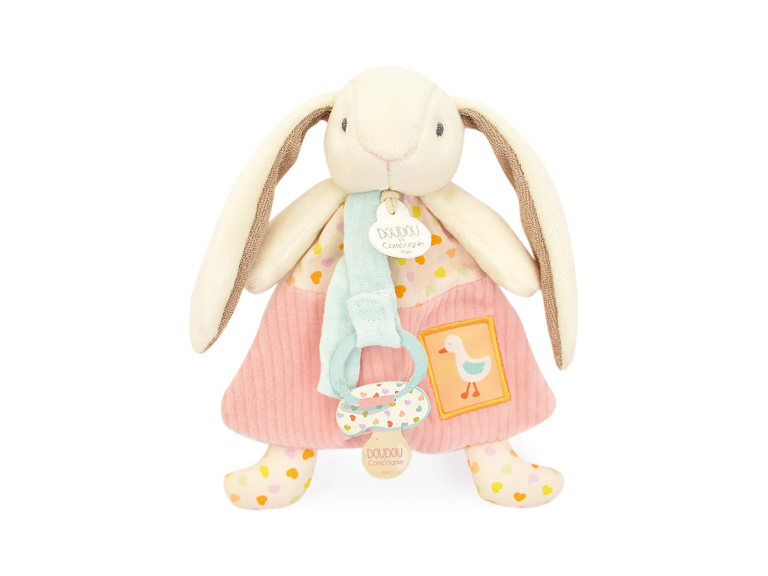 Doudou attache-sucette lapin Ciboulette 19 cm polyester collection DANS MON JARDIN rose