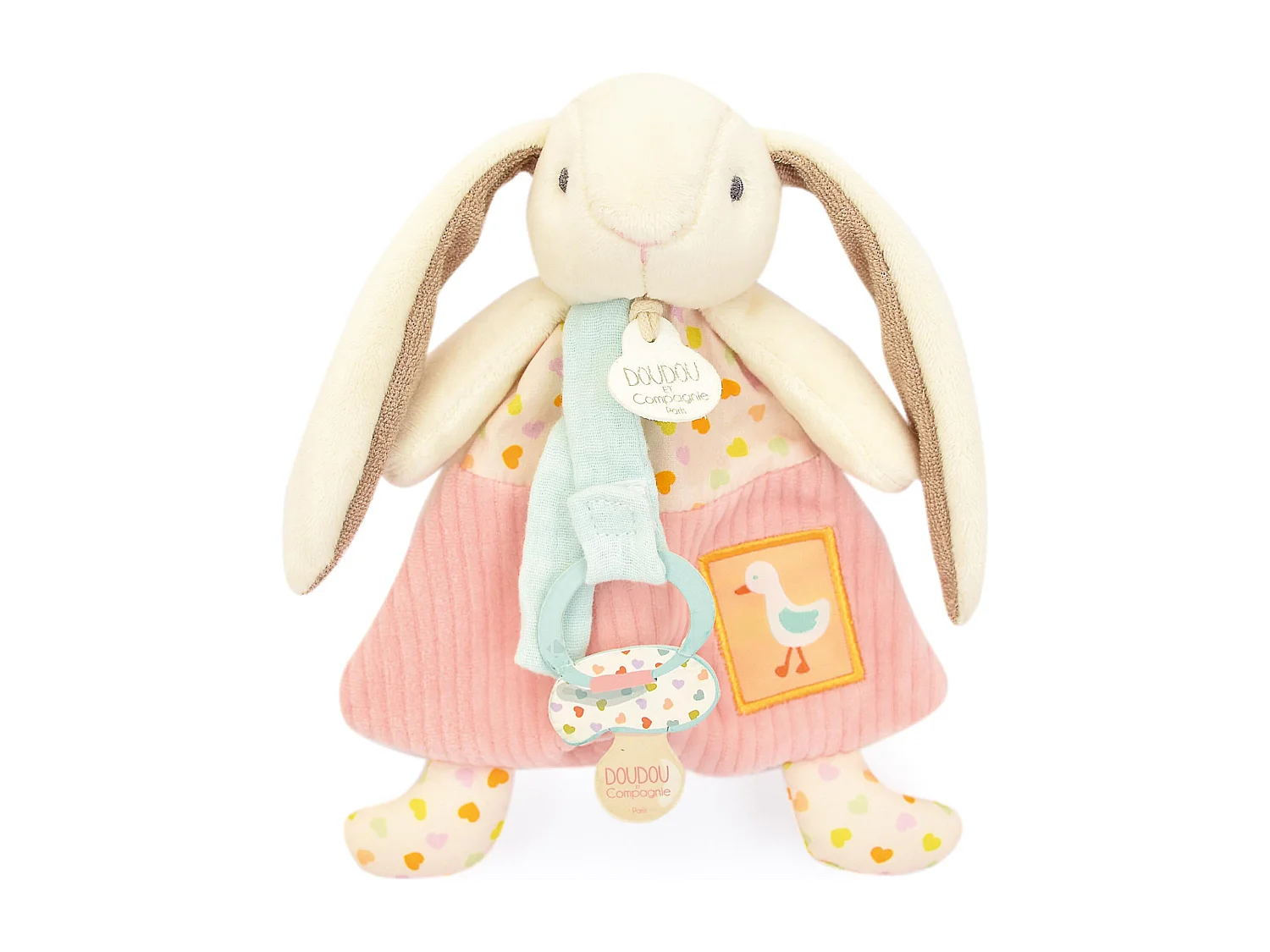 Doudou attache-sucette lapin Ciboulette 19 cm polyester collection DANS MON JARDIN rose