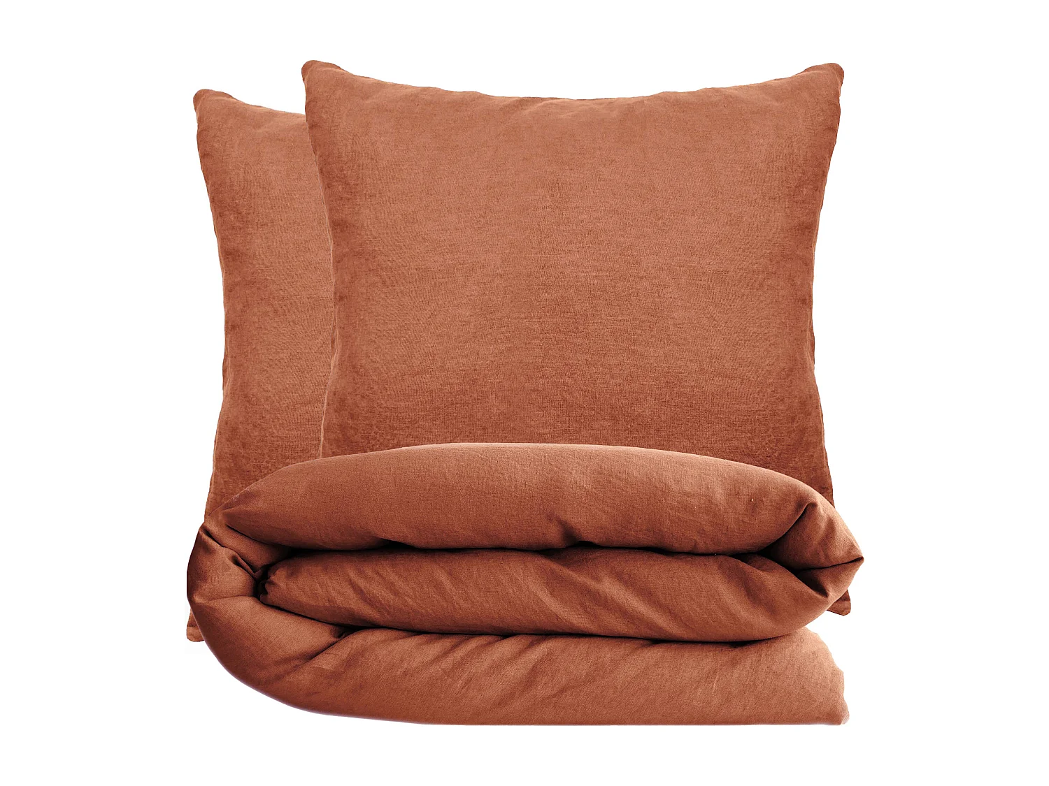 Parure de lit 240x220 cm et 65x65 cm coton lavé PALACE marron terre cuite 3 pièces