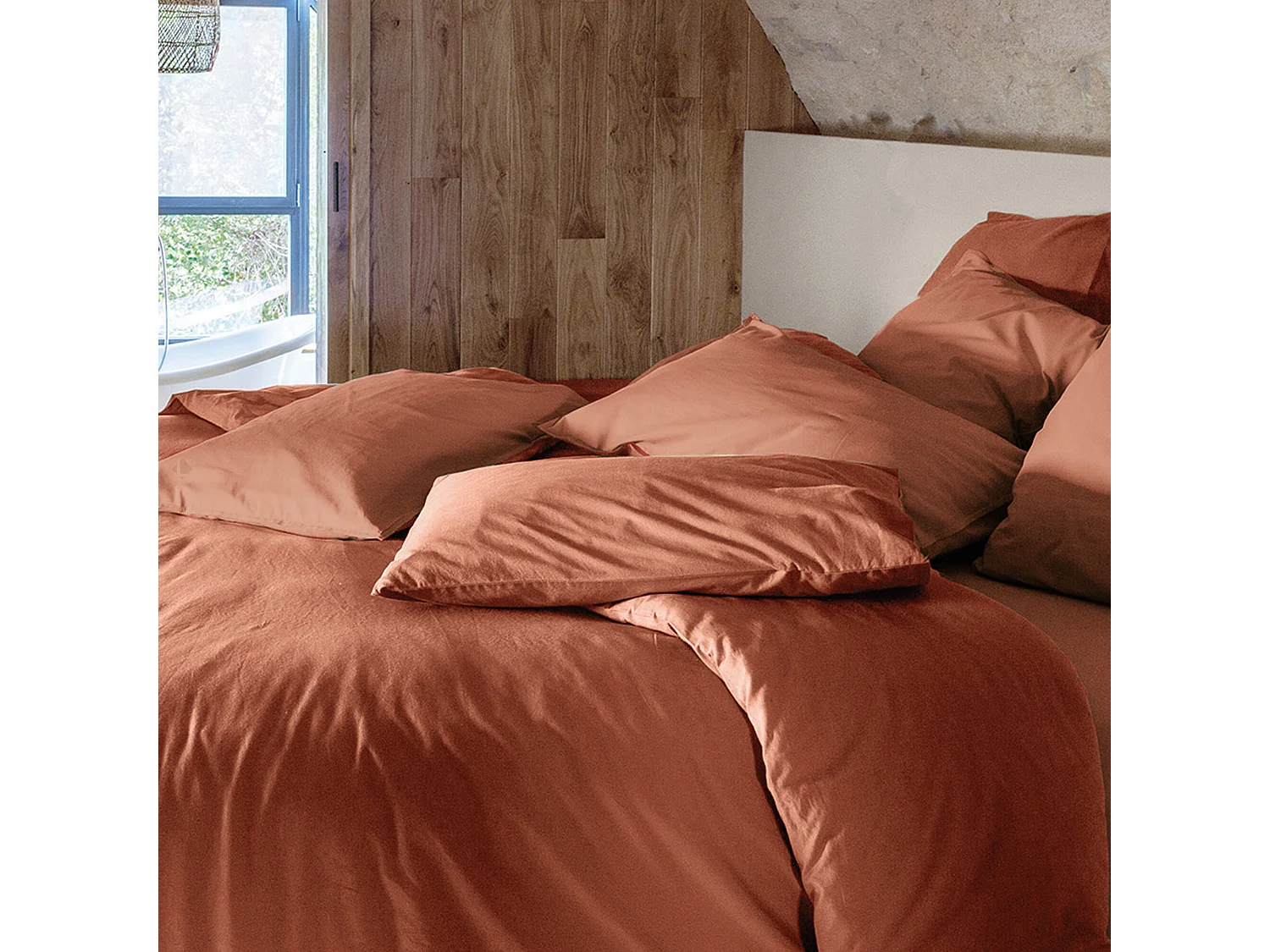 Taie d'oreiller 65x65 cm pur coton lavé PALACE marron terre cuite