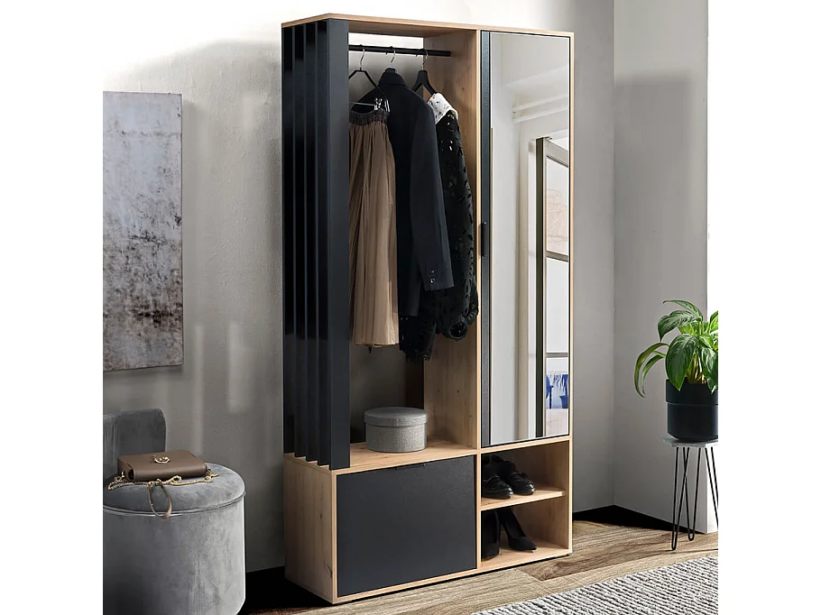 Guardaroba d'ingresso Ellipse con specchio e listelli decorativi in nero e rovere