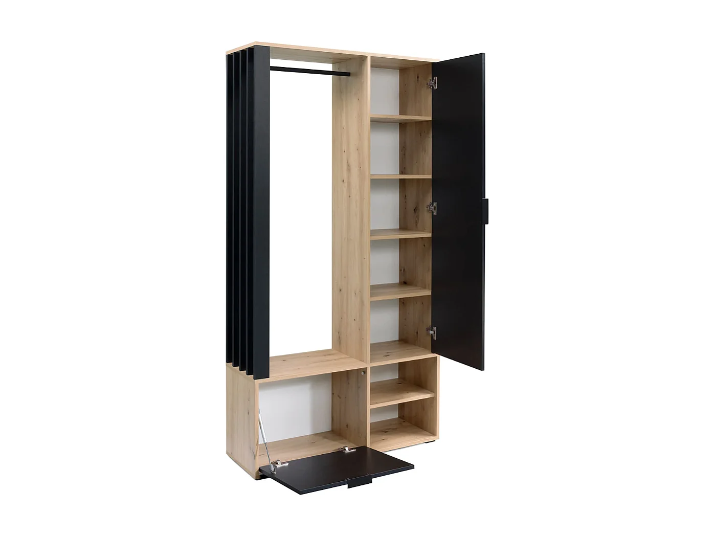 Guardarropa de entrada Ellipse con espejo y lamas decorativas en negro y roble