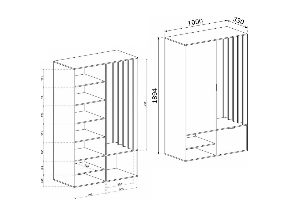 Guardarropa de entrada Ellipse con espejo y lamas decorativas en negro y roble