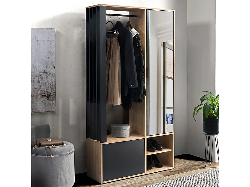 Guardarropa de entrada Ellipse con espejo y lamas decorativas en negro y roble