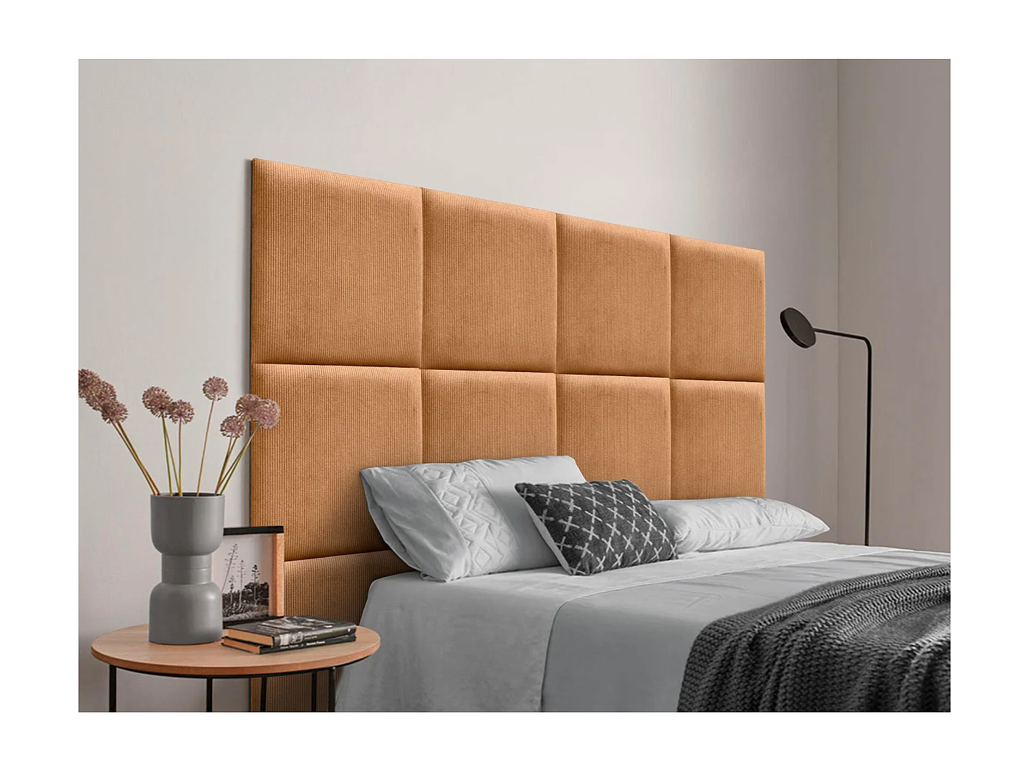 DHOME Tête de lit rembourrée en velours côtelé de qualité supérieure composée de panneaux autocollants interchangeables (orange, 200 cm)
