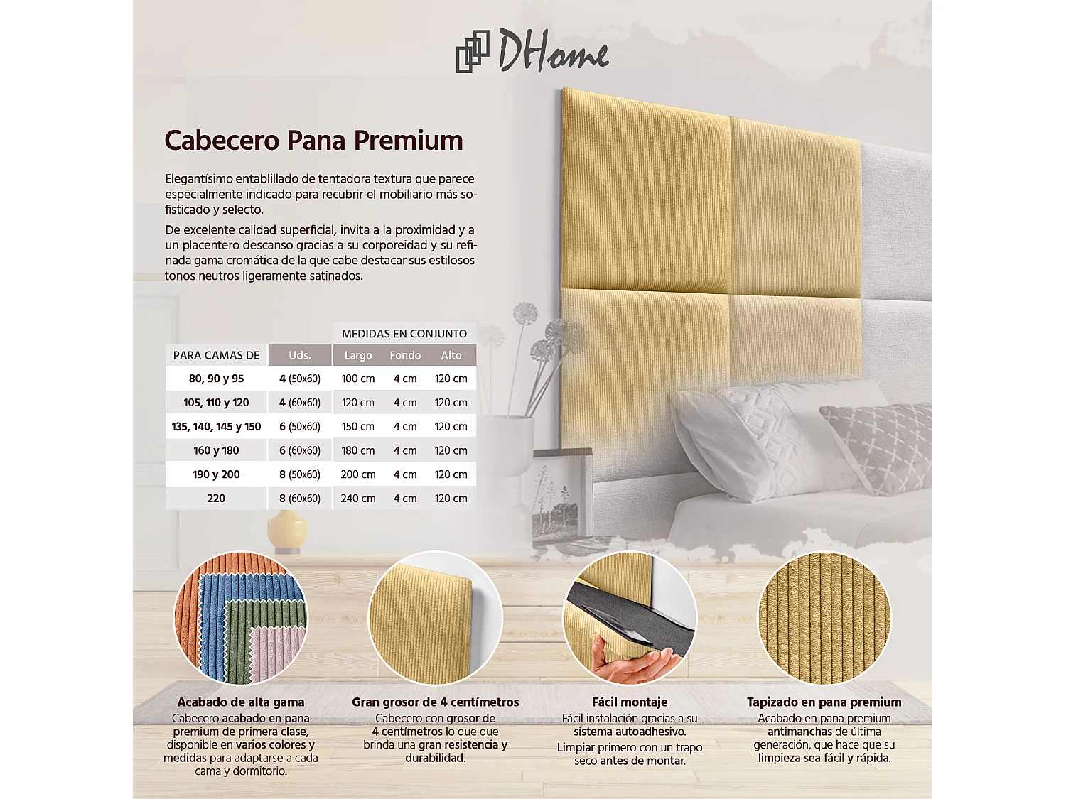 DHOME Tête de lit rembourrée en velours côtelé de qualité supérieure composée de panneaux autocollants interchangeables (moutarde, 110 cm)