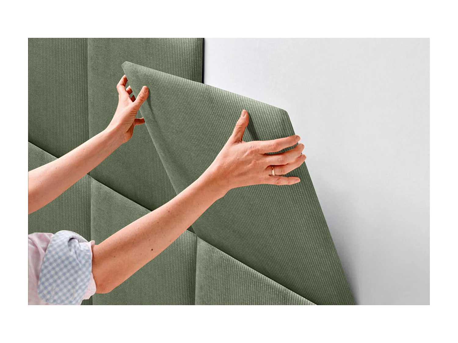 DHOME Tête de lit rembourrée en velours côtelé de qualité supérieure composée de panneaux autocollants interchangeables (vert jungle, 145 cm)