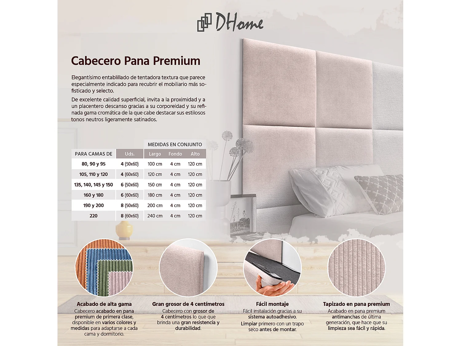 DHOME Premium Corduroy gestoffeerd hoofdeinde samengesteld uit verwisselbare zelfklevende panelen Luxe slaapkamer opgevuld (roze, 105cm)