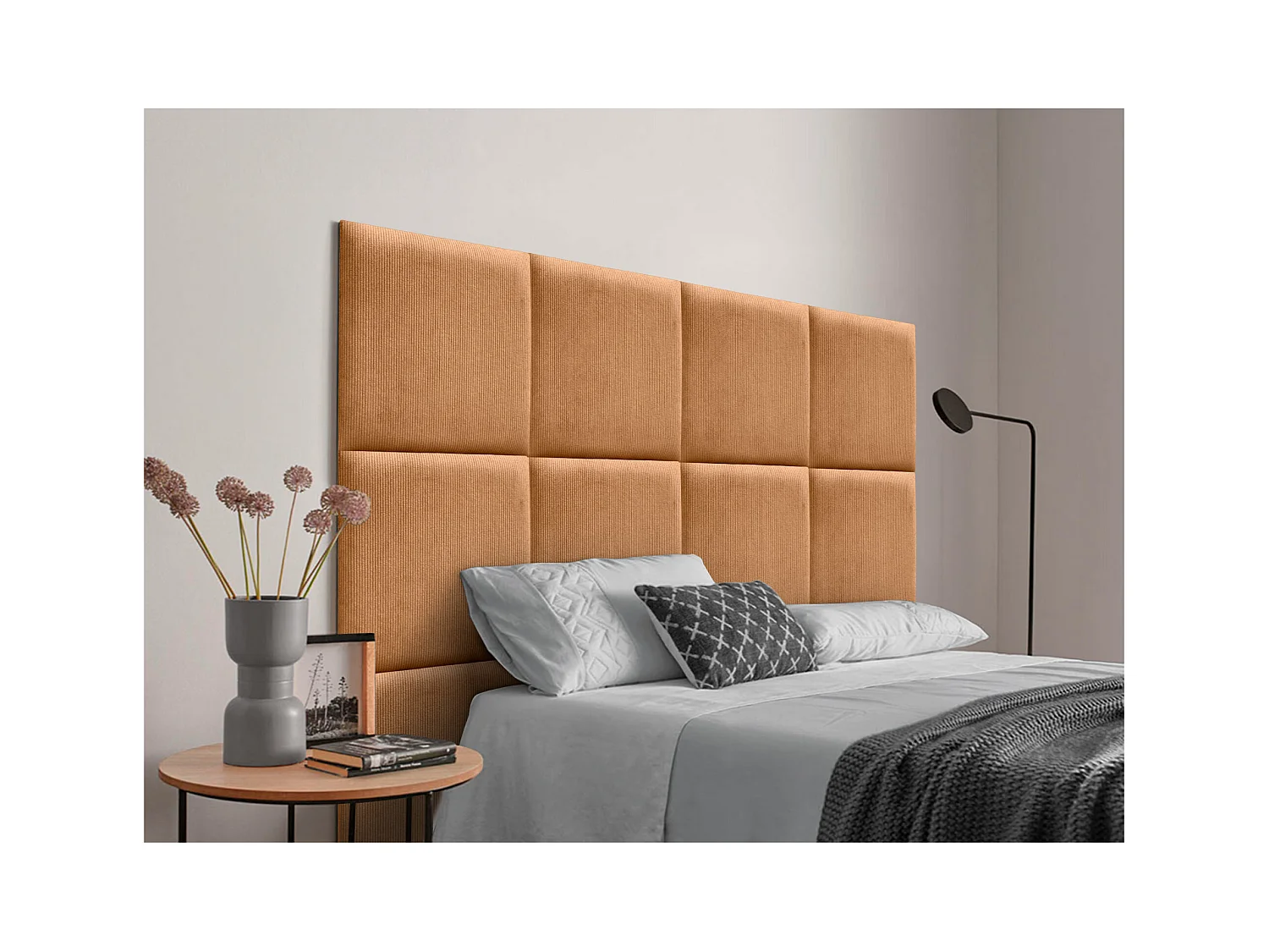 DHOME Tête de lit rembourrée en velours côtelé de qualité supérieure composée de panneaux autocollants interchangeables (orange, 135 cm)