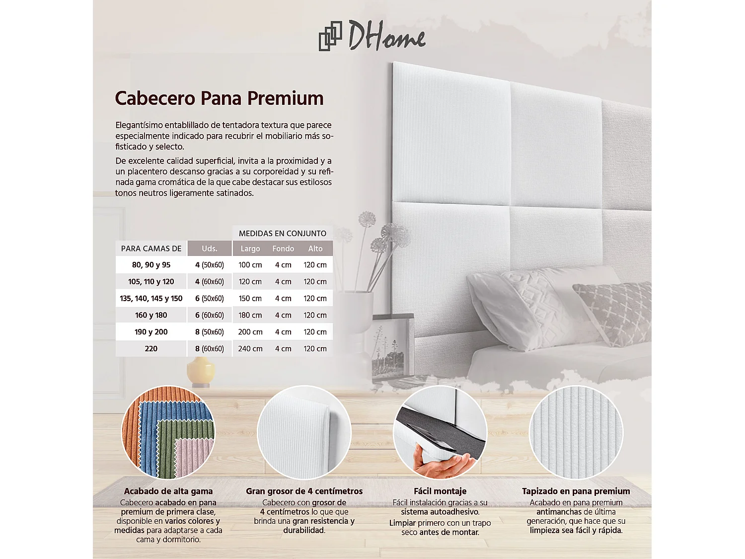 DHOME Premium Corduroy gestoffeerd hoofdeinde samengesteld uit verwisselbare zelfklevende panelen Luxe slaapkamer opgevuld (wit, 105cm)