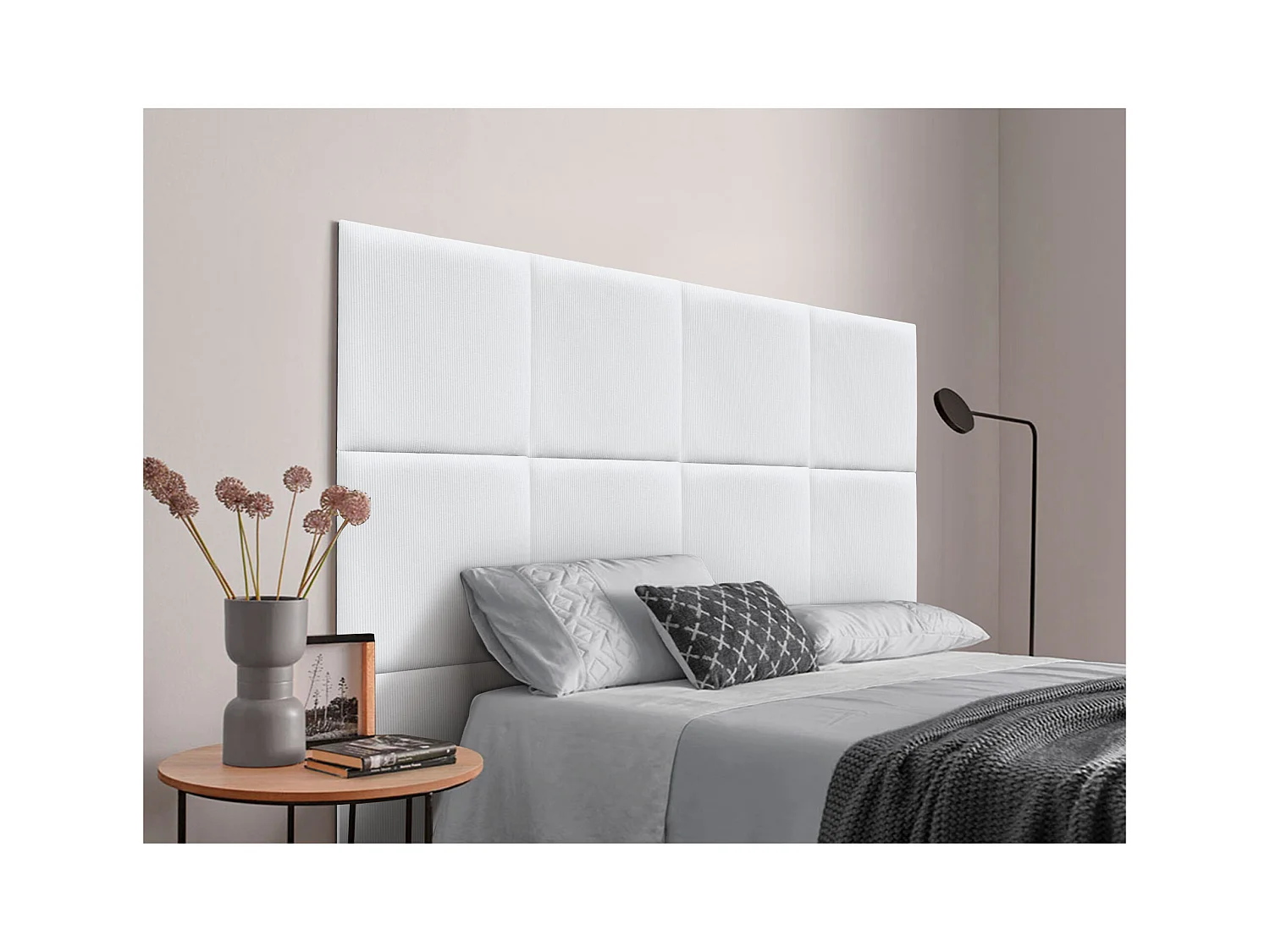 DHOME Tête de lit rembourrée en velours côtelé de qualité supérieure composée de panneaux autocollants interchangeables (blanc, 105 cm)
