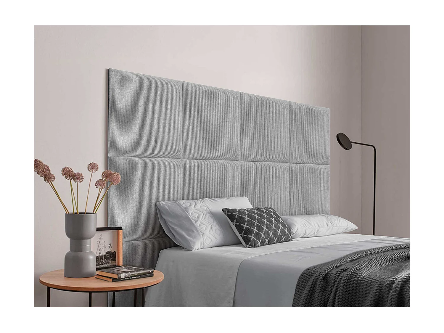 DHOME Tête de lit rembourrée en velours côtelé de qualité supérieure composée de panneaux autocollants interchangeables (gris, 200 cm)