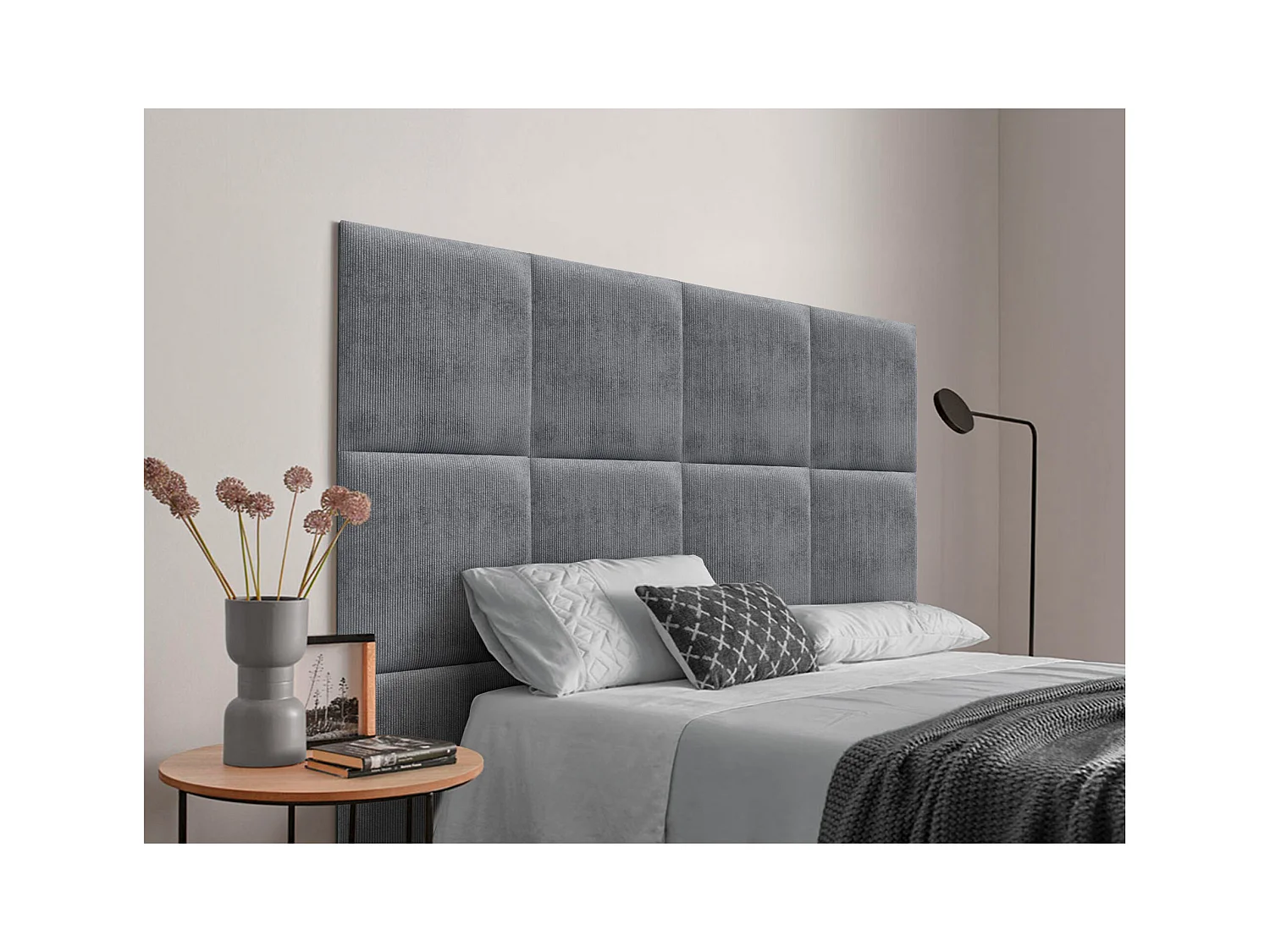 DHOME Tête de lit rembourrée en velours côtelé de qualité supérieure composée de panneaux autocollants interchangeables (gris foncé, 95 cm)