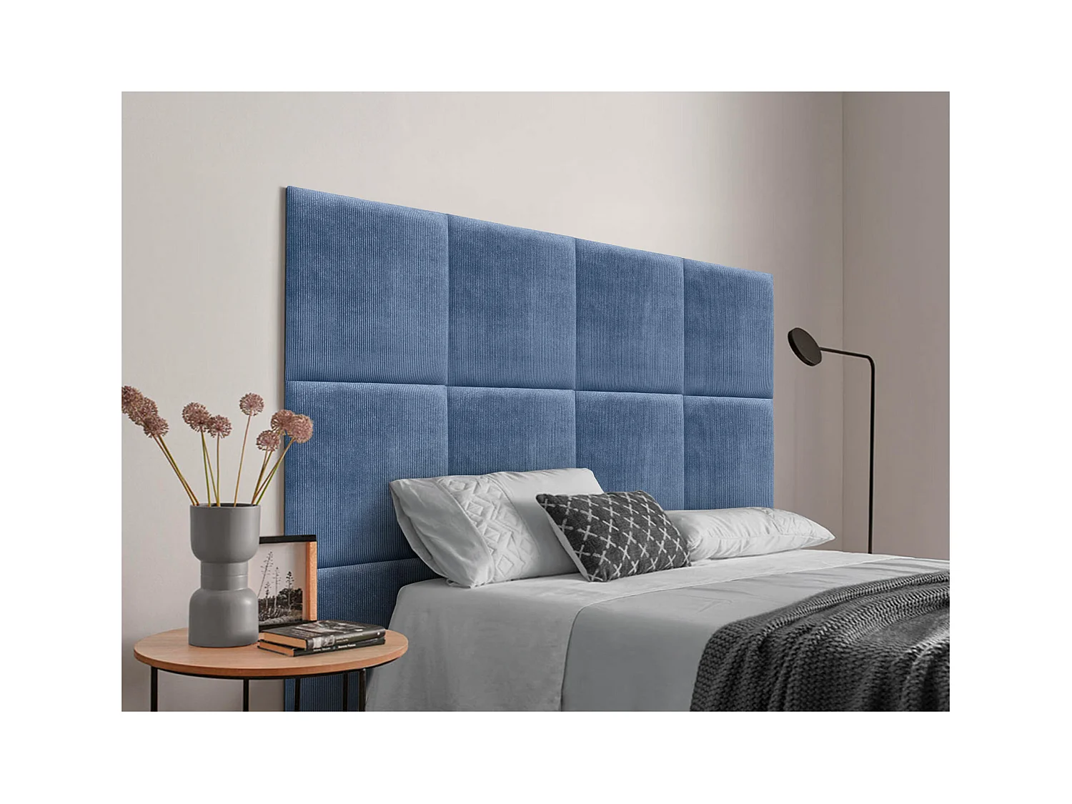 DHOME Tête de lit rembourrée en velours côtelé de qualité supérieure composée de panneaux autocollants interchangeables (bleu, 150 cm)