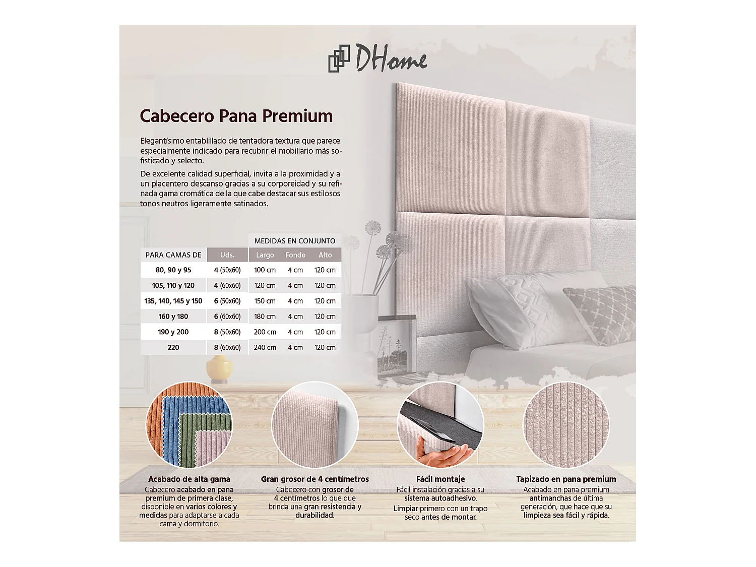 DHOME Tête de lit rembourrée en velours côtelé de qualité supérieure composée de panneaux autocollants interchangeables (rose, 145 cm)