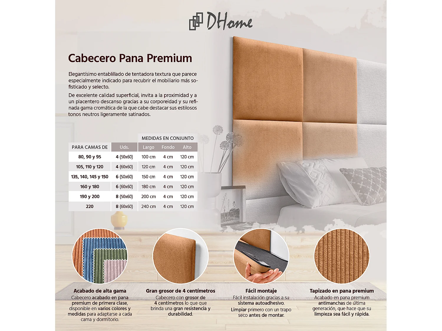 DHOME Testiera imbottita in velluto a coste premium composta da pannelli autoadesivi intercambiabili Camera  imbottita (Arancio,80 cm)