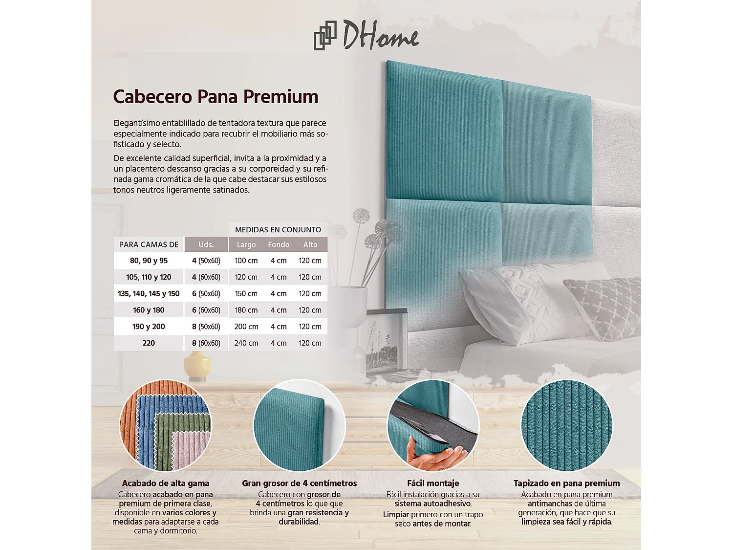 DHOME Tête de lit rembourrée en velours côtelé de qualité supérieure composée de panneaux autocollants interchangeables (turquoise, 95 cm)