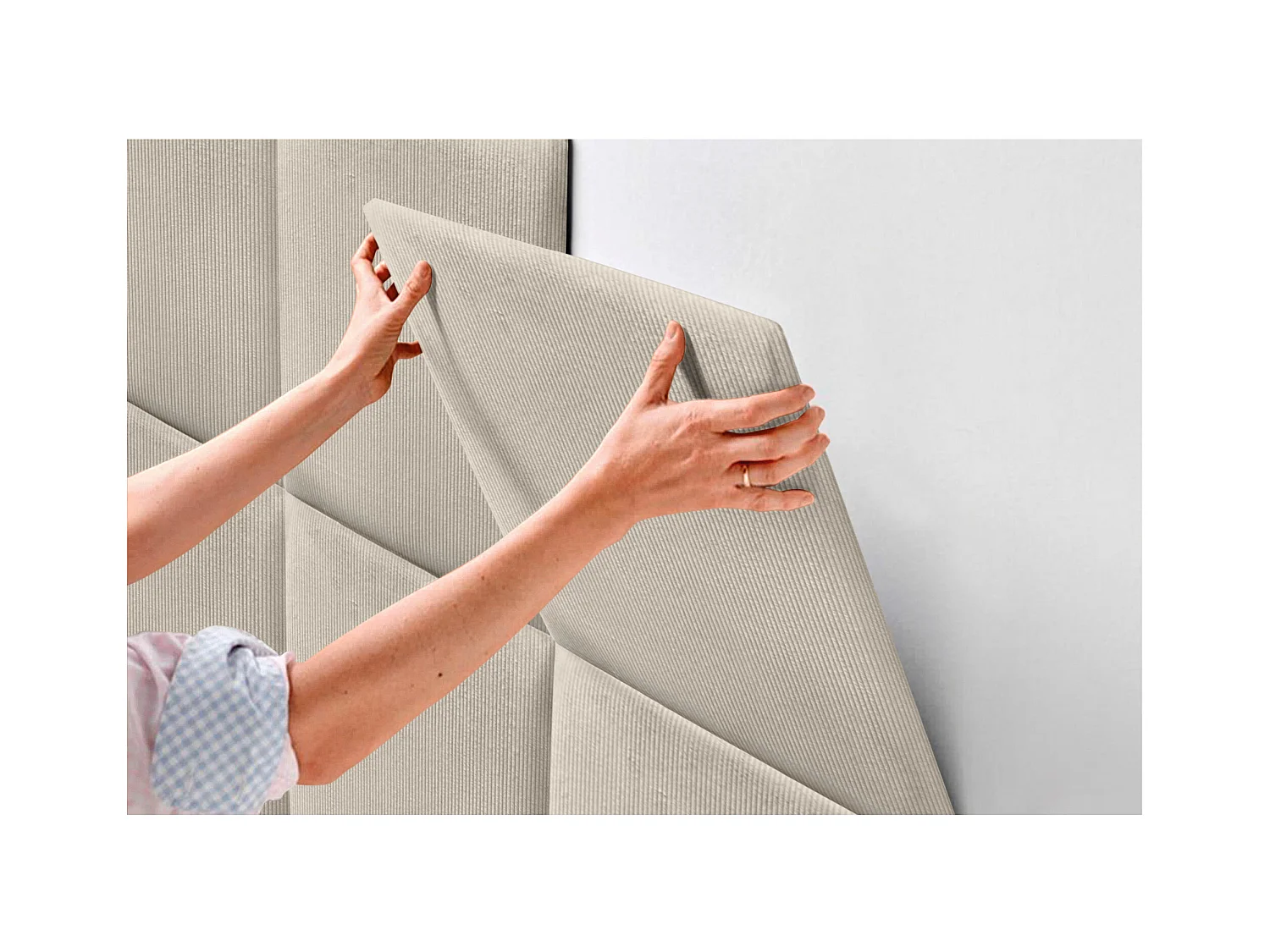 DHOME Tête de lit rembourrée en velours côtelé de qualité supérieure composée de panneaux autocollants interchangeables (beige, 190 cm)