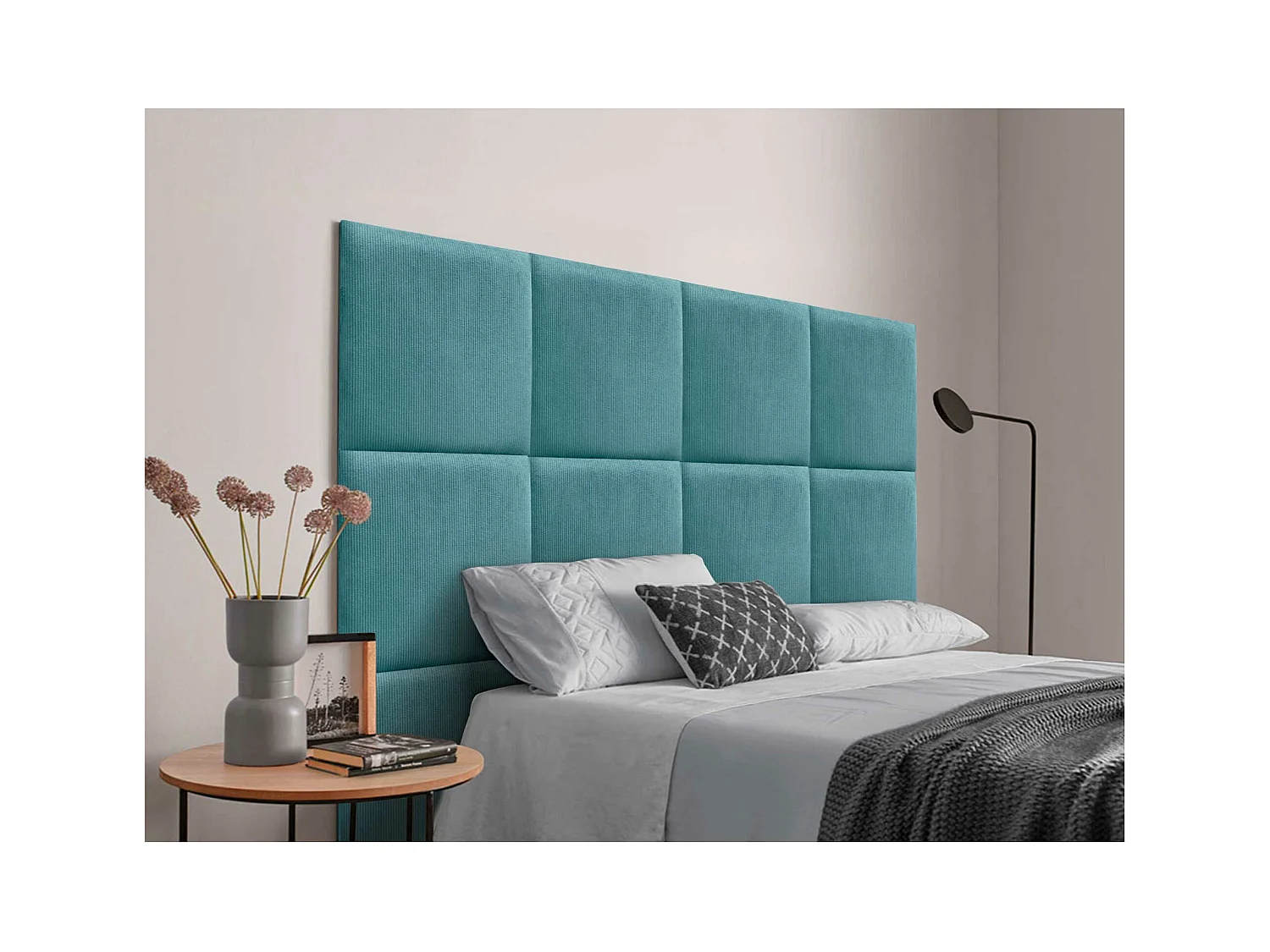 DHOME Tête de lit rembourrée en velours côtelé de qualité supérieure composée de panneaux autocollants interchangeables (turquoise, 135 cm)