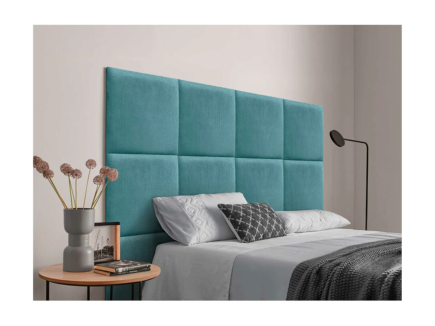 DHOME Tête de lit rembourrée en velours côtelé de qualité supérieure composée de panneaux autocollants interchangeables (turquoise, 135 cm)