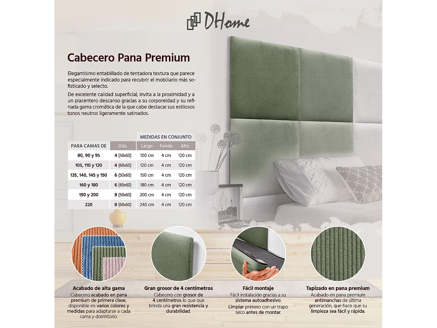 DHOME Tête de lit rembourrée en velours côtelé de qualité supérieure composée de panneaux autocollants interchangeables (vert jungle, 120 cm)